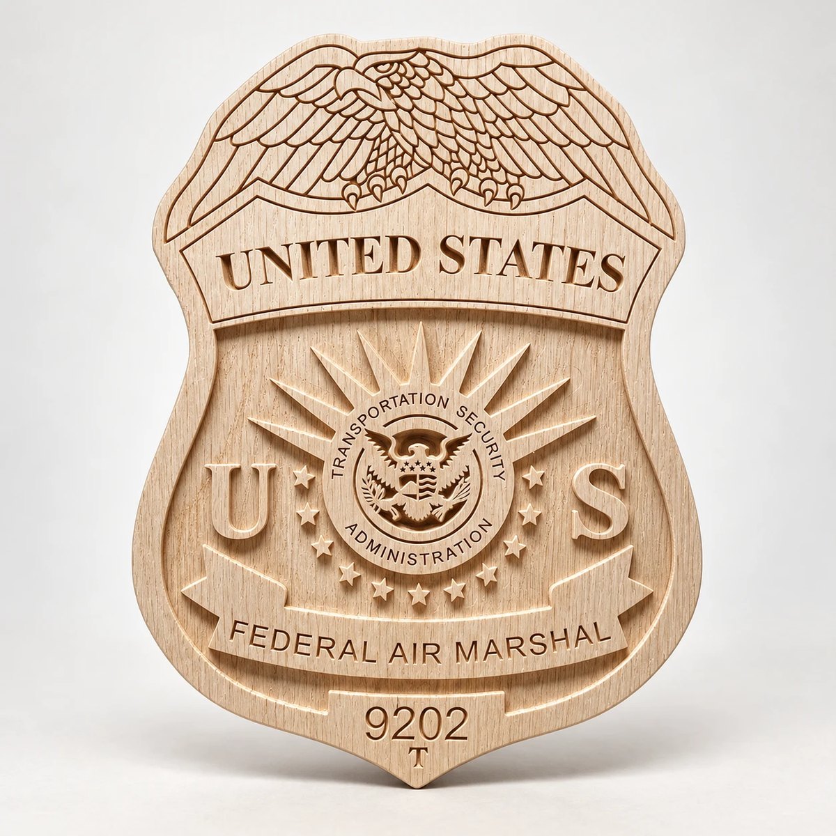 Engraved wood federal air marshal badge